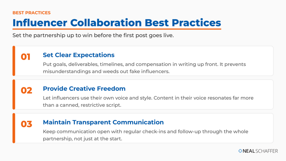 Three influencer collaboration best practices: set clear expectations, provide creative freedom, and maintain transparent communication.