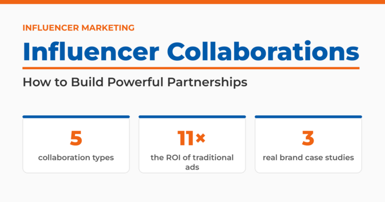 : Influencer Collaborations: How to Build Powerful Partnerships, highlighting five collaboration types, eleven times the ROI of traditional ads, and three brand case studies.