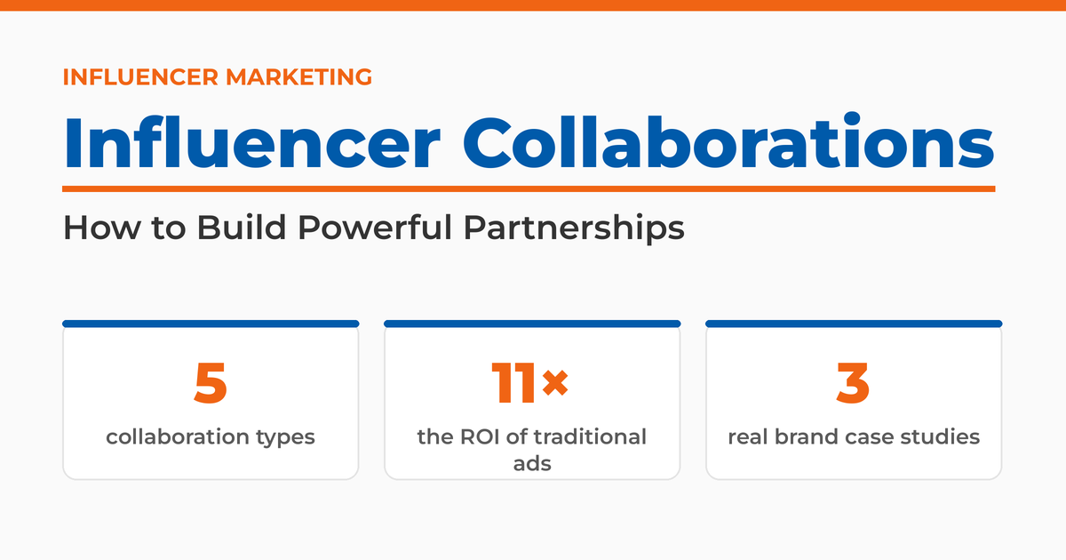 : Influencer Collaborations: How to Build Powerful Partnerships, highlighting five collaboration types, eleven times the ROI of traditional ads, and three brand case studies.