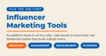 Influencer marketing tools featured card showing the four jobs brand-side platforms cluster into: discovery, management, measurement, and payments.