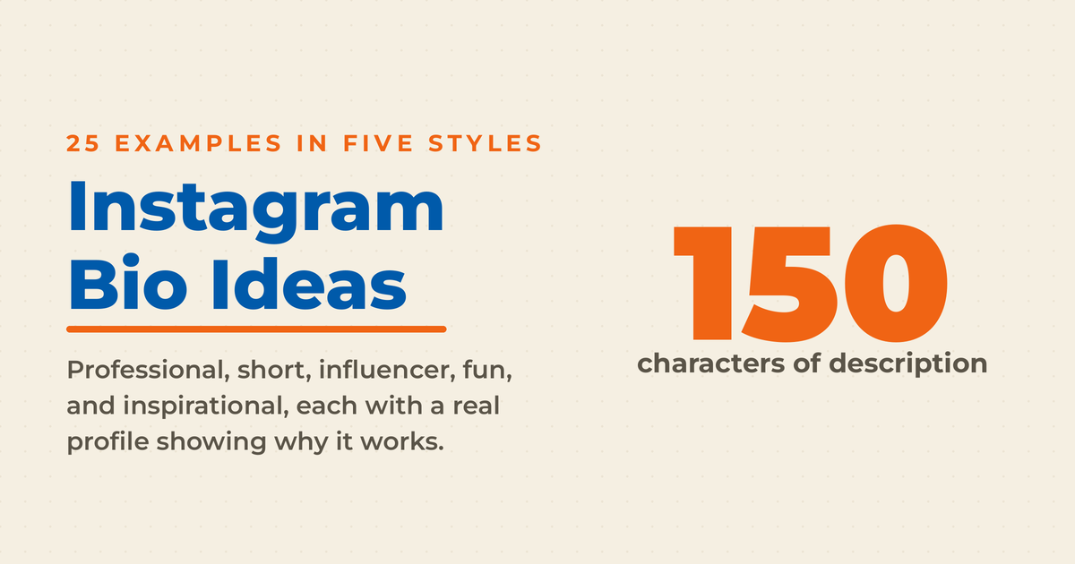 Featured graphic for twenty-five Instagram bio ideas in five styles, with the figure 150 marking the character limit of the Instagram bio description field.