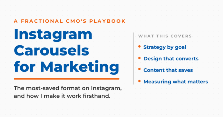 Featured graphic titled "Instagram Carousels for Marketing," a Fractional CMO's playbook, noting carousels are Instagram's most-saved format, with a list of what the guide covers: strategy by goal, design that converts, content that saves, and measuring what matters.