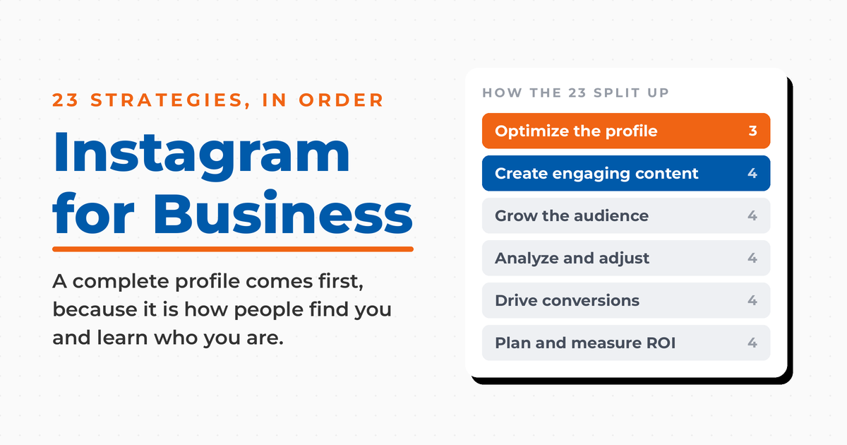 Light featured graphic reading Instagram for Business, with a panel showing how the 23 strategies split across six stages in order: optimize the profile, create engaging content, grow the audience, analyze and adjust, drive conversions, and plan and measure ROI.