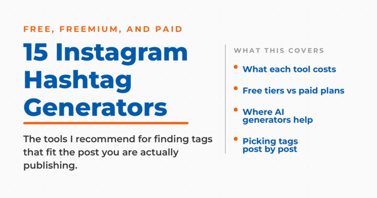 Featured graphic titled "15 Instagram Hashtag Generators," with a short list covering what each tool costs, free tiers versus paid plans, where AI generators help, and picking tags post by post.