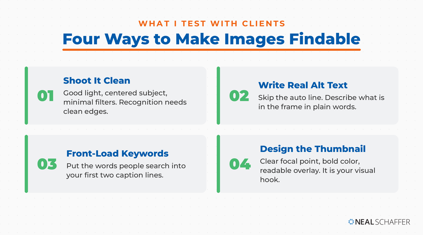 Four ways to make Instagram images findable in visual search: shoot clean, write real alt text, front-load keywords, and design the thumbnail