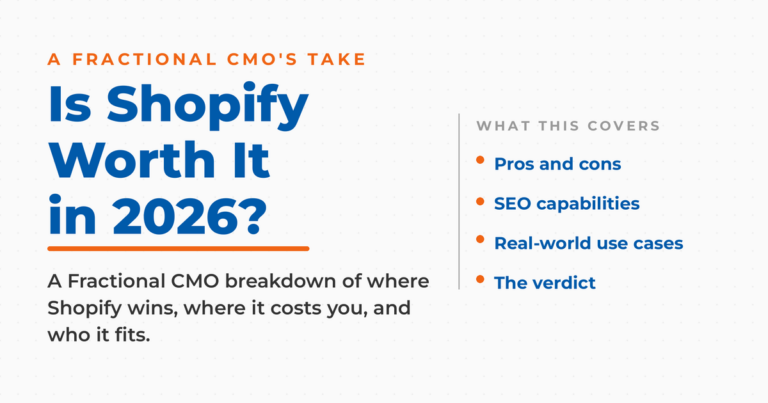 Is Shopify Worth It in 2026 featured graphic listing pros and cons, SEO capabilities, real-world use cases, and the verdict.