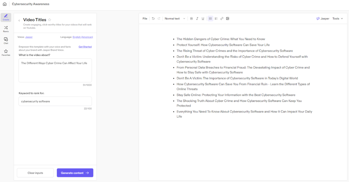 Jasper AI Video Titles template interface generating ten YouTube title variations from a topic brief and target keyword input