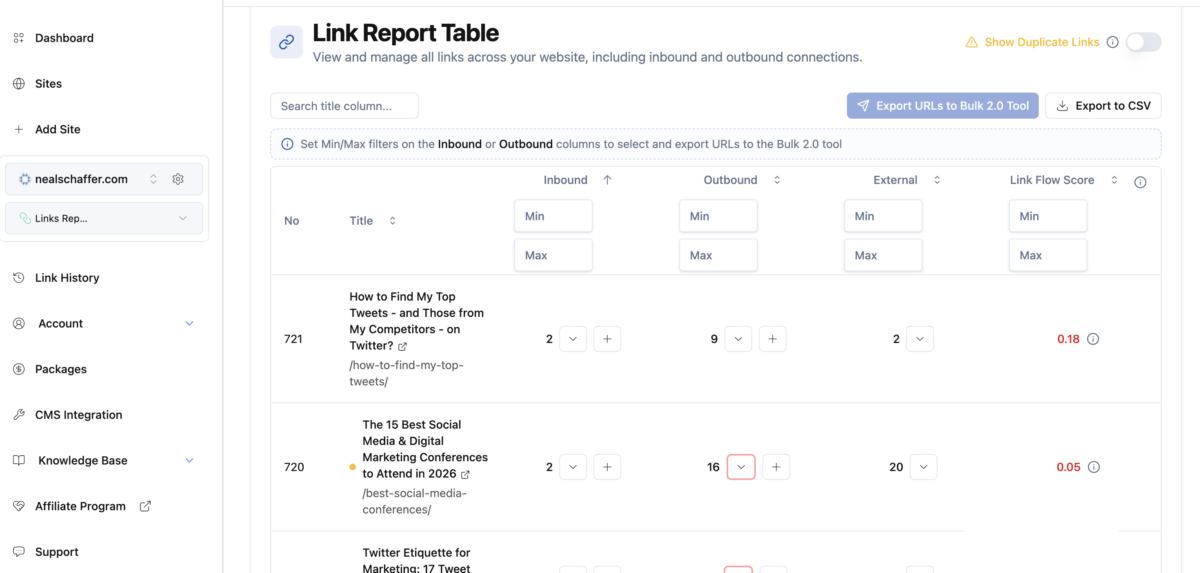 LinkBoss Link Report Table for nealschaffer.com, with columns for number, title, Inbound, Outbound, External and Link Flow Score, and Min and Max filter boxes above each column. Rows numbered 721 and 720 each show 2 inbound links.