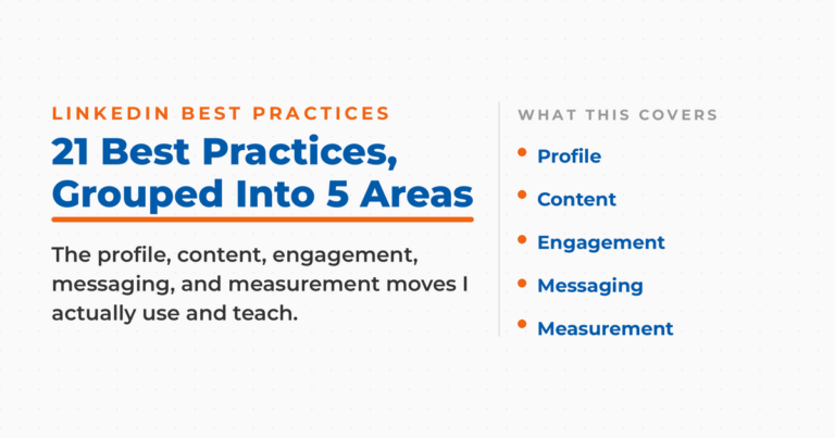 Neal Schaffer featured card grouping 21 LinkedIn best practices into five areas: profile, content, engagement, messaging, and measurement.
