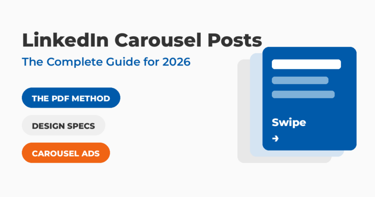 Featured graphic reading LinkedIn Carousel Posts: The Complete Guide for 2026, highlighting the PDF method, design specs, and carousel ads.