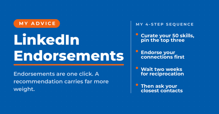 Blue featured card reading "LinkedIn Endorsements" with Neal Schaffer's four-step sequence: curate your 50 skills and pin the top three, endorse your connections first, wait two weeks for reciprocation, then ask your closest contacts.