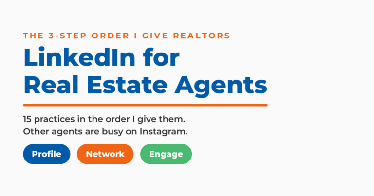 LinkedIn for Real Estate Agents featured graphic showing Neal Schaffer's three-step order for realtors: Profile, Network, Engage.