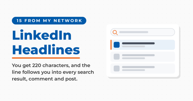 Featured card reading LinkedIn Headlines, noting 15 examples from Neal Schaffer's own network and the 220-character limit, beside a mock search results panel.