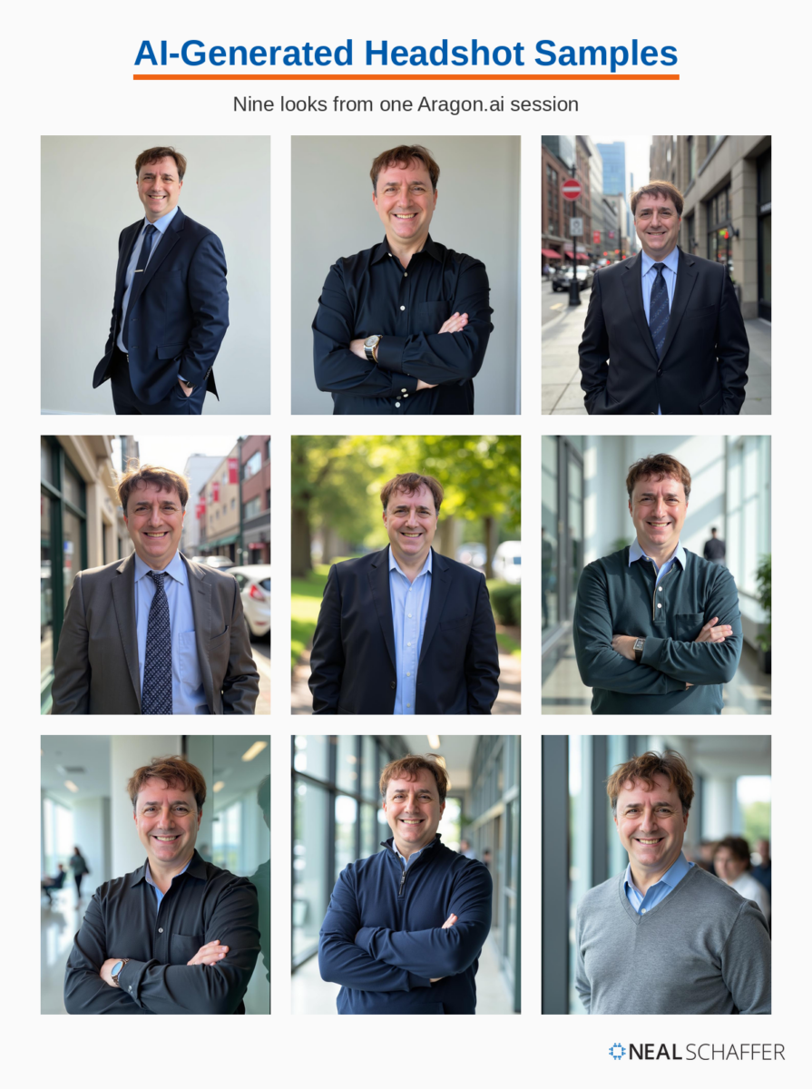 Grid of nine AI-generated headshot samples of Neal Schaffer in varying attire and backgrounds, from formal suit and tie to casual sweater, generated with Aragon.ai.