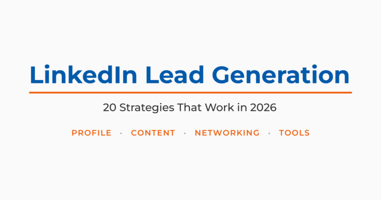 LinkedIn lead generation featured graphic: 20 strategies spanning profile, content, networking, and tools.