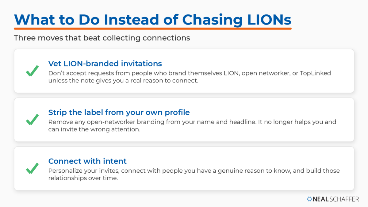Checklist of three things to do instead of chasing LinkedIn LIONs: vet LION-branded invitations, strip the open-networker label from your own profile, and connect with intent.