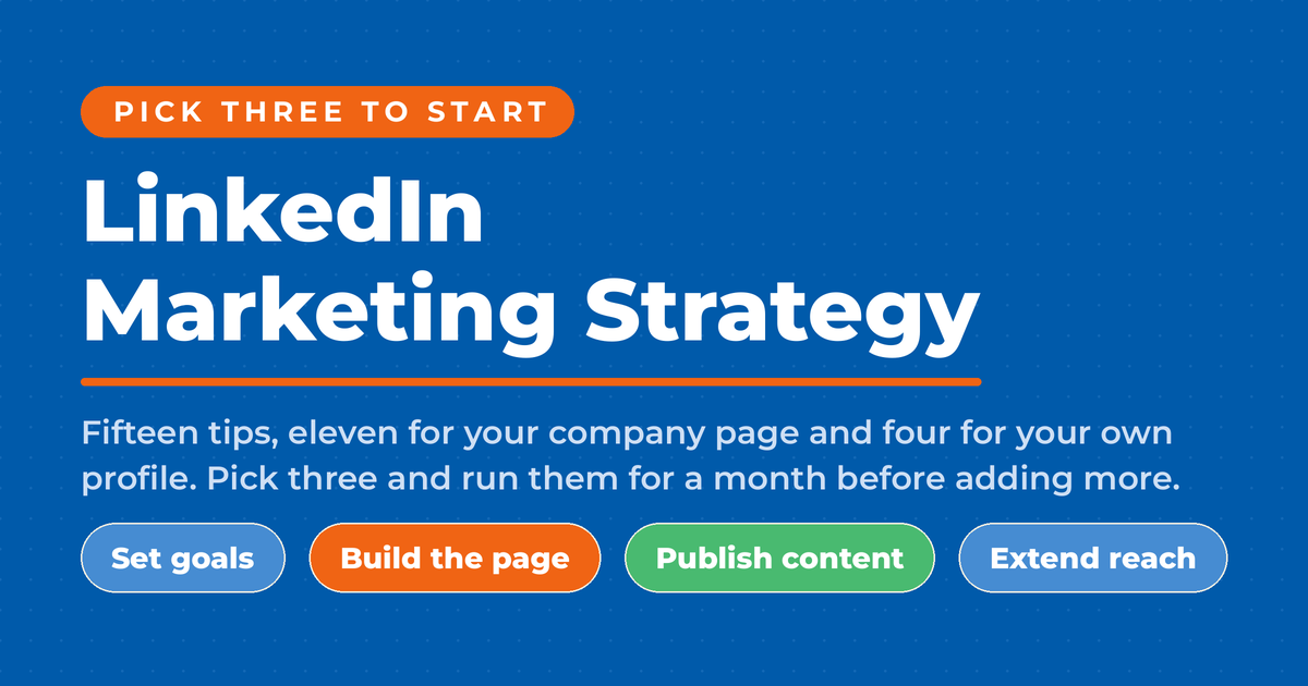 Inverted blue featured card reading LinkedIn Marketing Strategy, telling readers to pick three tips to start, with pills for set goals, build the page, publish content, and extend reach.