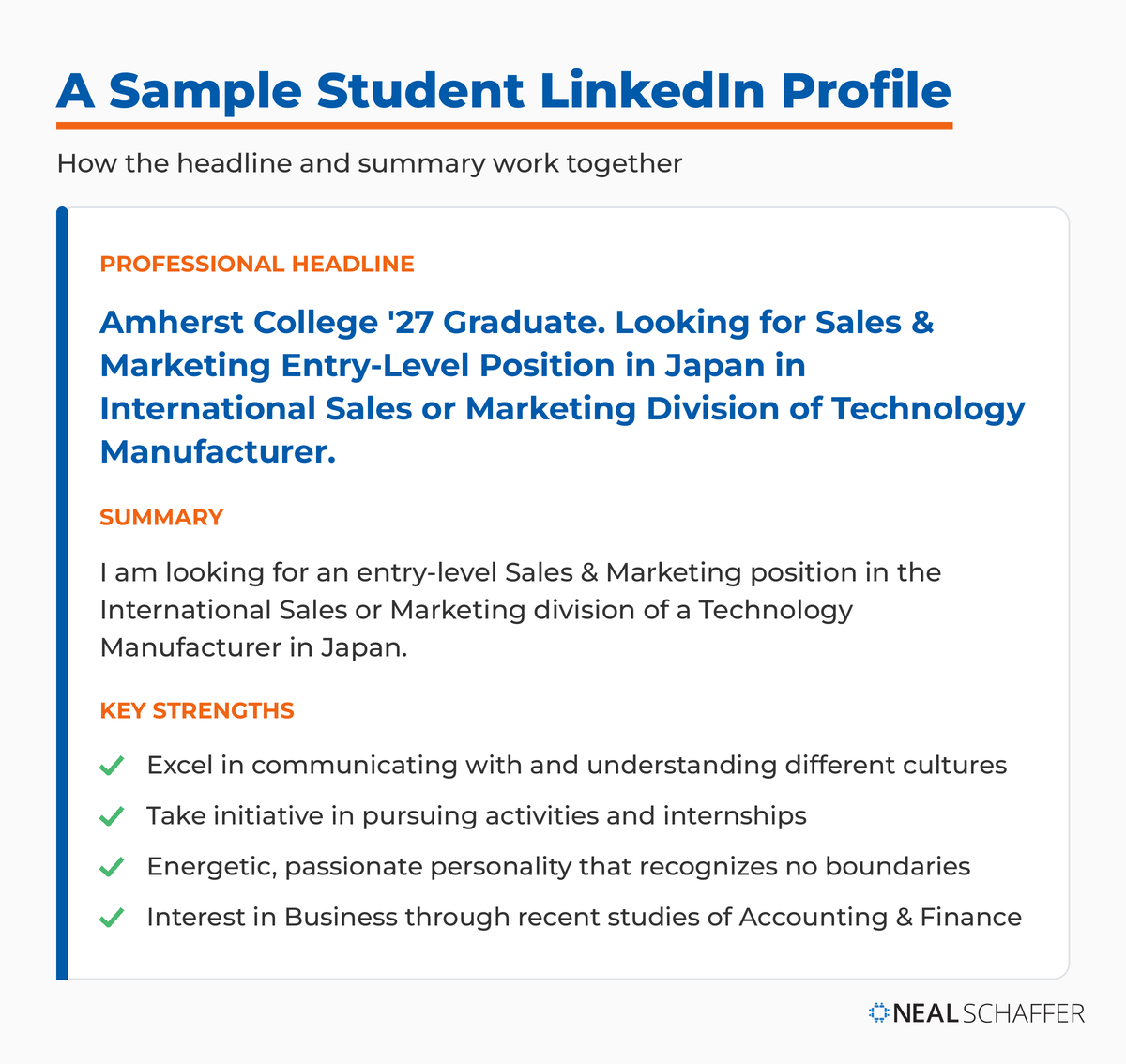 Sample student LinkedIn profile showing a professional headline, summary, and four key strengths for an Amherst College graduate seeking a sales and marketing role in Japan.