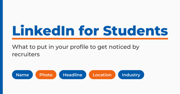 LinkedIn for Students featured graphic listing the five profile fields to set up first: name, photo, headline, location, and industry.