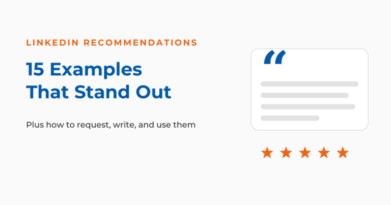 Featured graphic reading 15 LinkedIn Recommendation Examples That Stand Out, with a testimonial quote card and a five-star rating.