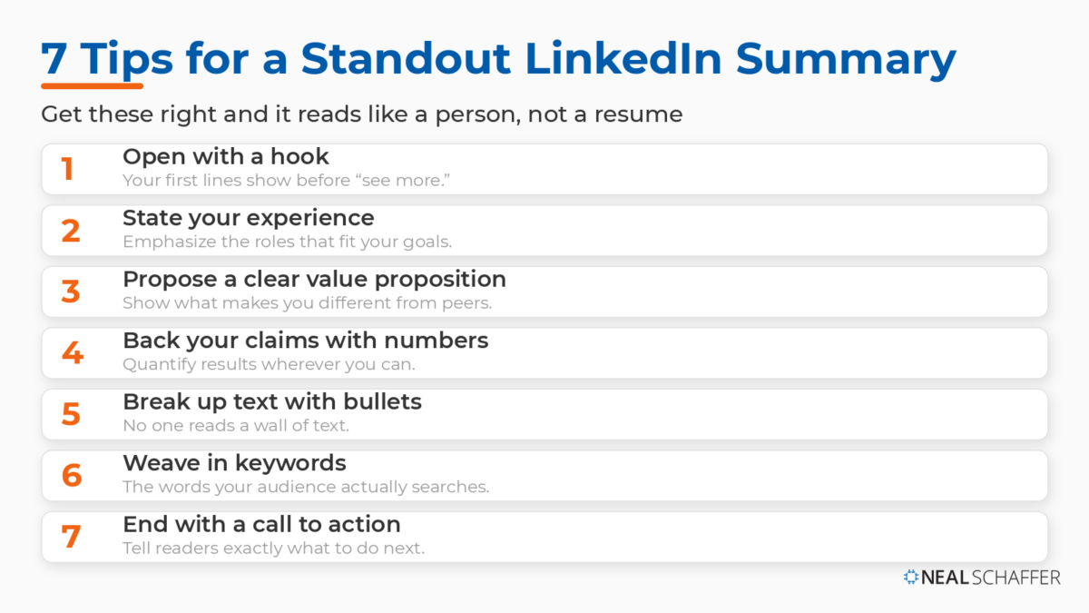 Numbered checklist of seven LinkedIn summary writing tips, from opening with a hook to ending with a call to action.