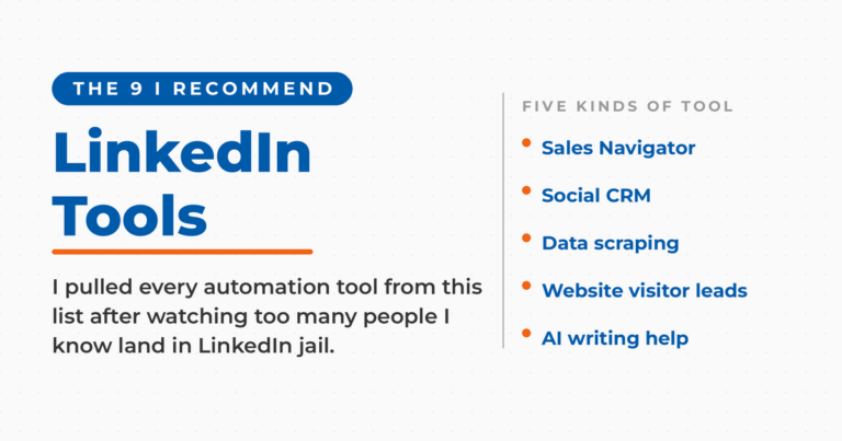 The top LinkedIn tools to grow your business, grouped into five kinds: Sales Navigator, social CRM, data scraping, website visitor leads, and AI writing help, with automation tools deliberately excluded.