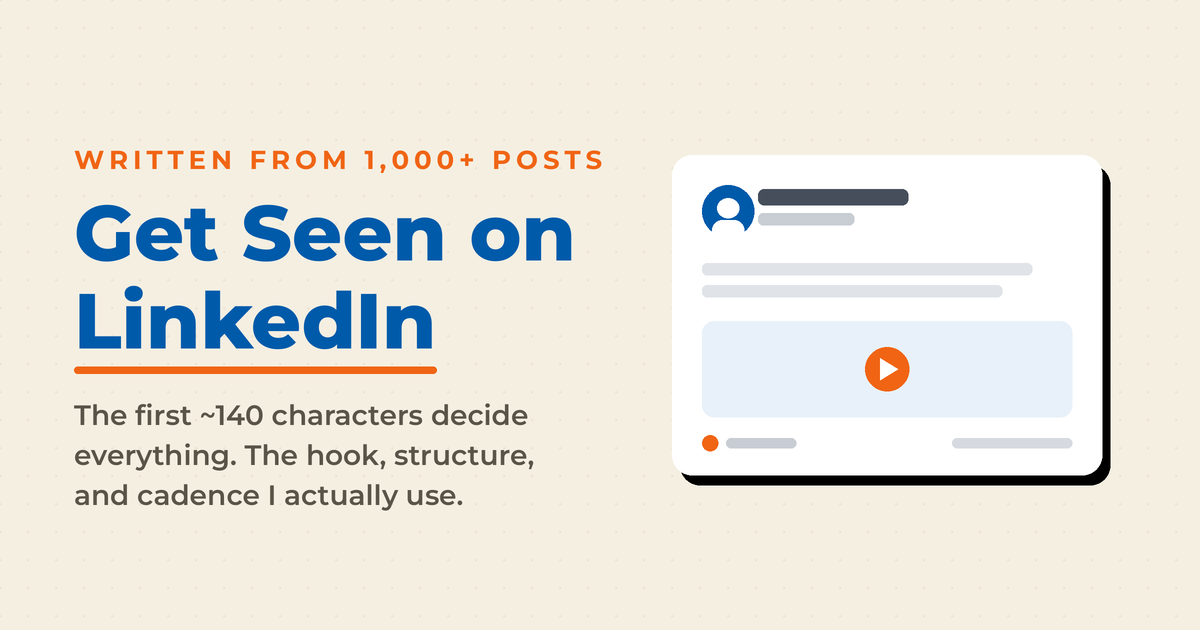 Cream featured graphic titled "Get Seen on LinkedIn," with a kicker reading "written from 1,000+ posts," a stylized LinkedIn post preview on the right, and subcopy noting the first ~140 characters decide everything and describing the hook, structure, and cadence used.