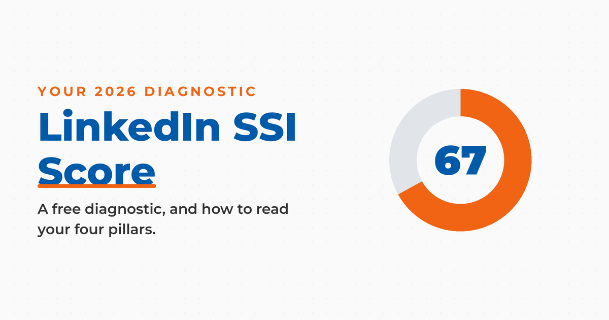 LinkedIn SSI Score featured graphic on light, a donut dial reading 67