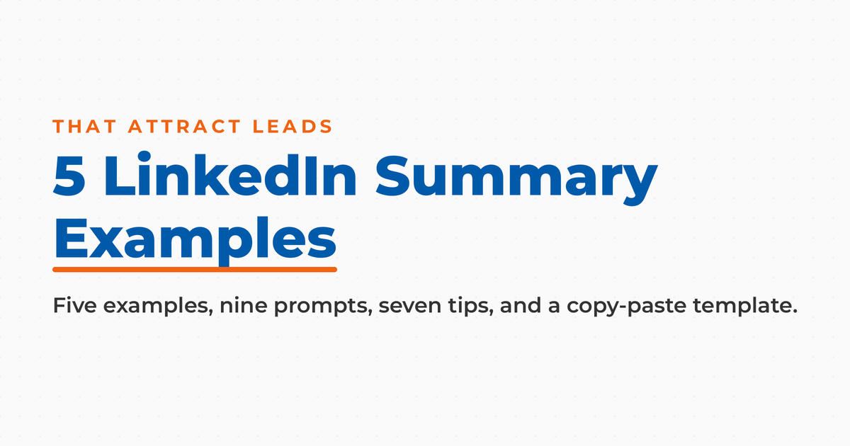 5 LinkedIn Summary Examples featured graphic, plus prompts, tips, and a template