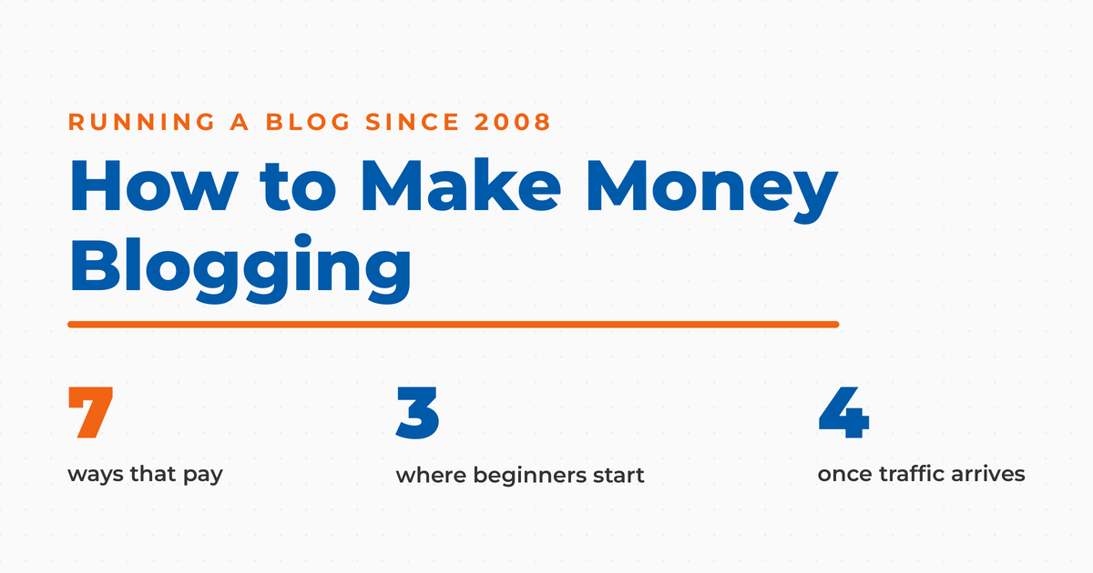 How to make money blogging featured graphic showing seven ways that pay, three where beginners start, and four that work once traffic arrives.