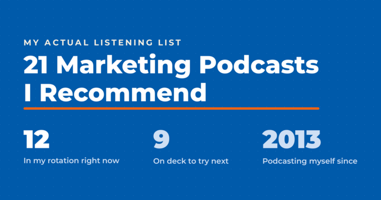 Featured graphic on blue reading "21 Marketing Podcasts I Recommend," with 12 in current rotation, 9 on deck, and podcasting since 2013.