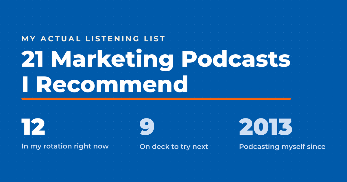 Featured graphic on blue reading "21 Marketing Podcasts I Recommend," with 12 in current rotation, 9 on deck, and podcasting since 2013.