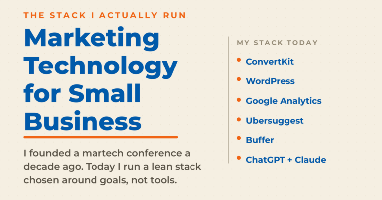 Cream featured graphic titled "Marketing Technology for Small Business," with a kicker reading "the stack I actually run" and a six-item list of Neal's current stack: ConvertKit, WordPress, Google Analytics, Ubersuggest, Buffer, and ChatGPT + Claude.