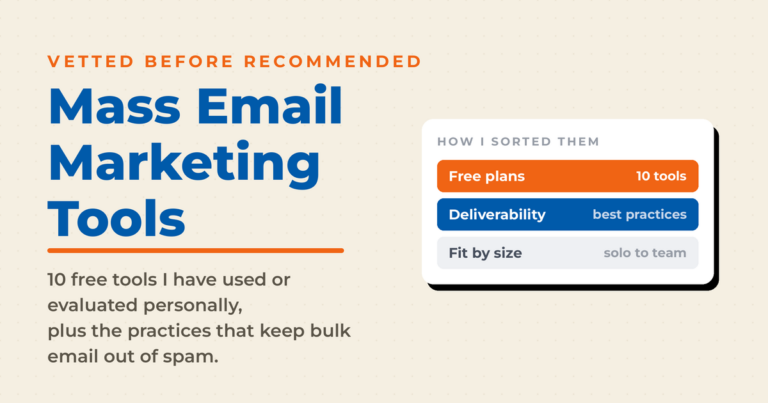 Cream featured graphic reading Mass Email Marketing Tools with a panel showing free plans, deliverability best practices, and fit by team size.