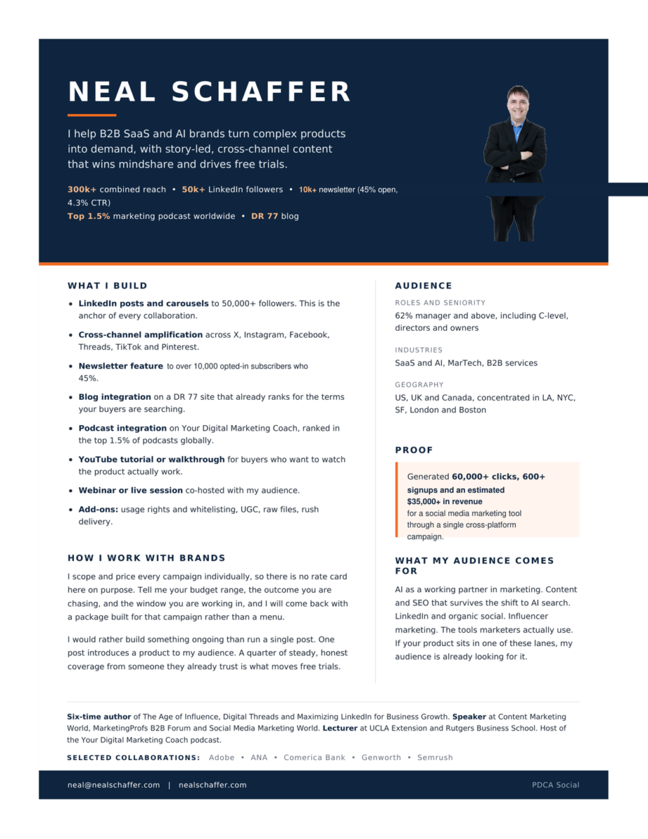 One-page influencer media kit for Neal Schaffer showing a positioning statement, audience reach figures, a list of deliverables, an audience breakdown by role and industry, a single campaign proof point, and selected brand collaborations.