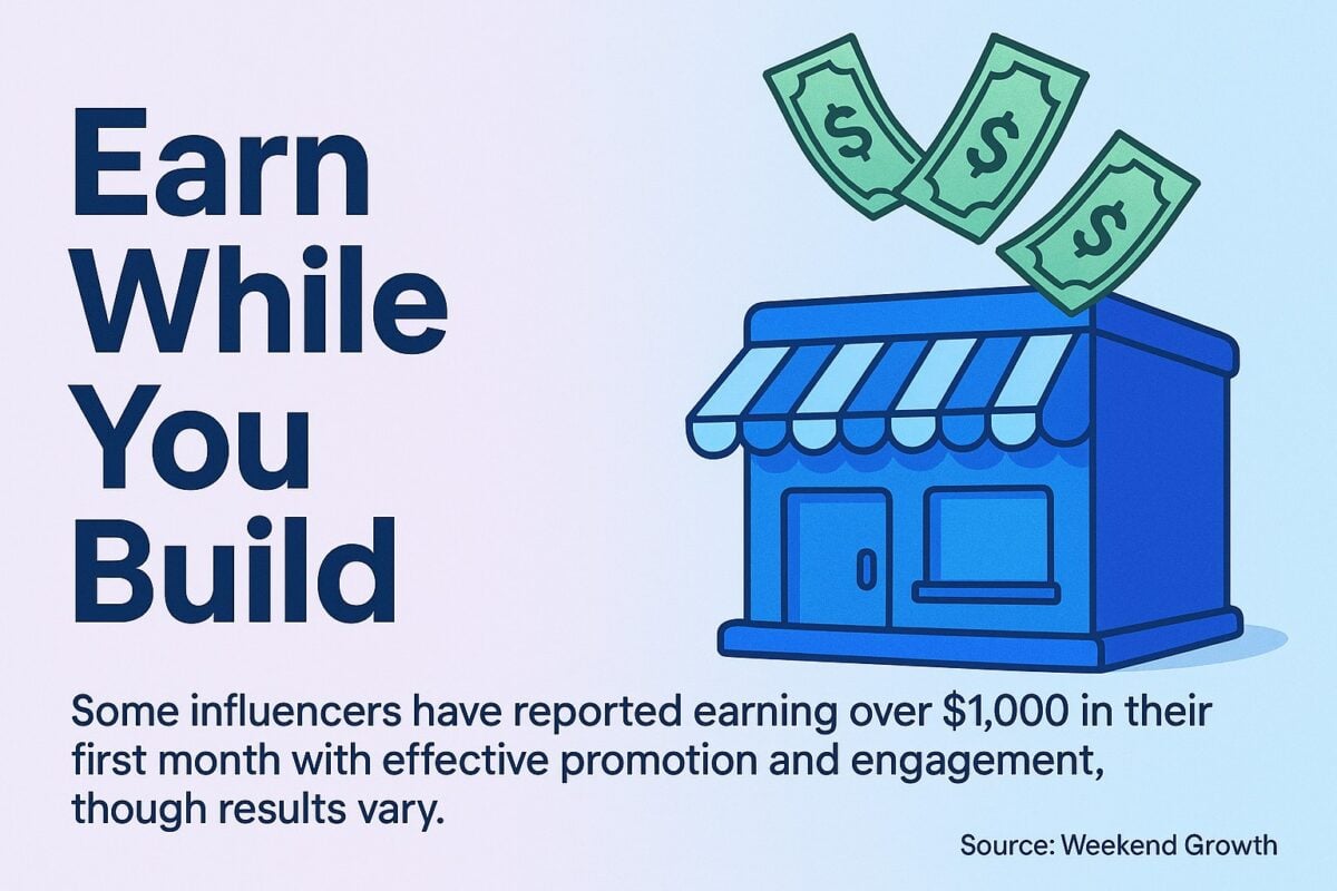 With effective promotion, some influencers earn $1,000+ in their first month (results vary).