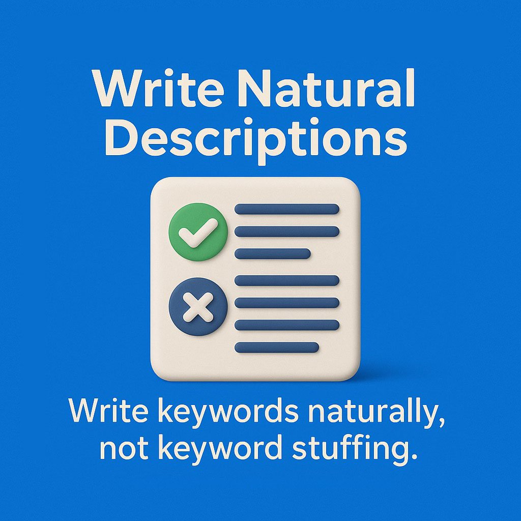 Write natural, keyword-rich descriptions—avoid keyword stuffing.