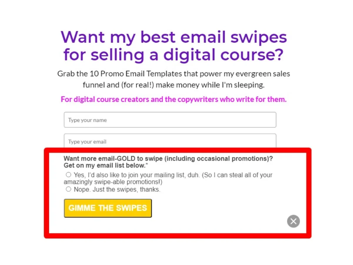 Permission-Based Email Optin Example specifically asking the user if they would like to receive marketing communications or not