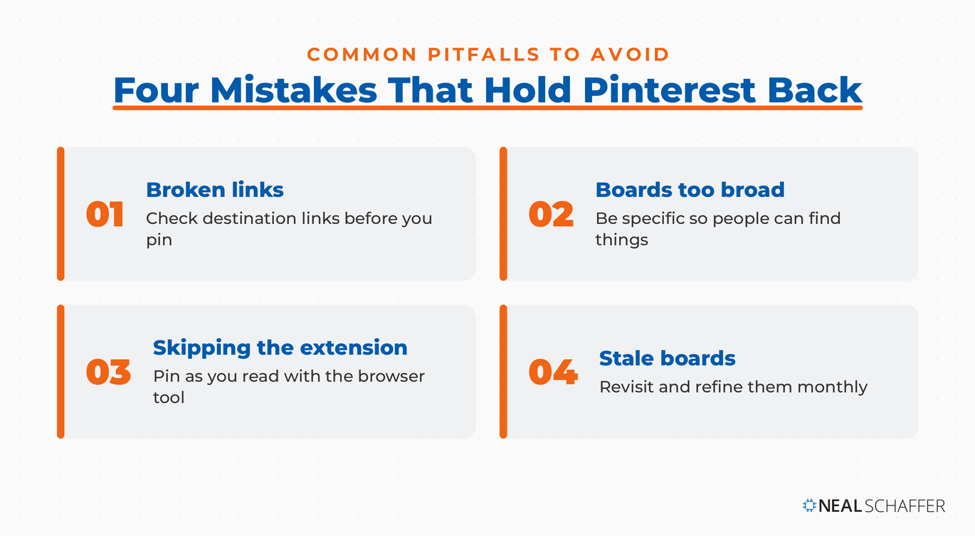 Four common Pinterest pitfalls to avoid: broken links, boards too broad, skipping the browser extension, and stale boards.