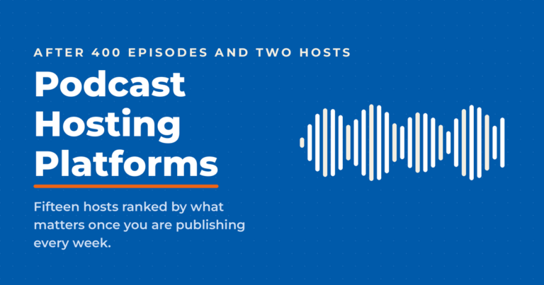 Podcast hosting platforms featured graphic on a blue background with an audio waveform, ranking fifteen hosts for weekly publishers.