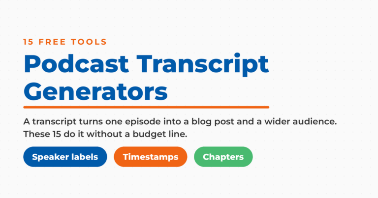 eatured graphic titled Podcast Transcript Generators, showing 15 free tools with pills for speaker labels, timestamps, and chapters.