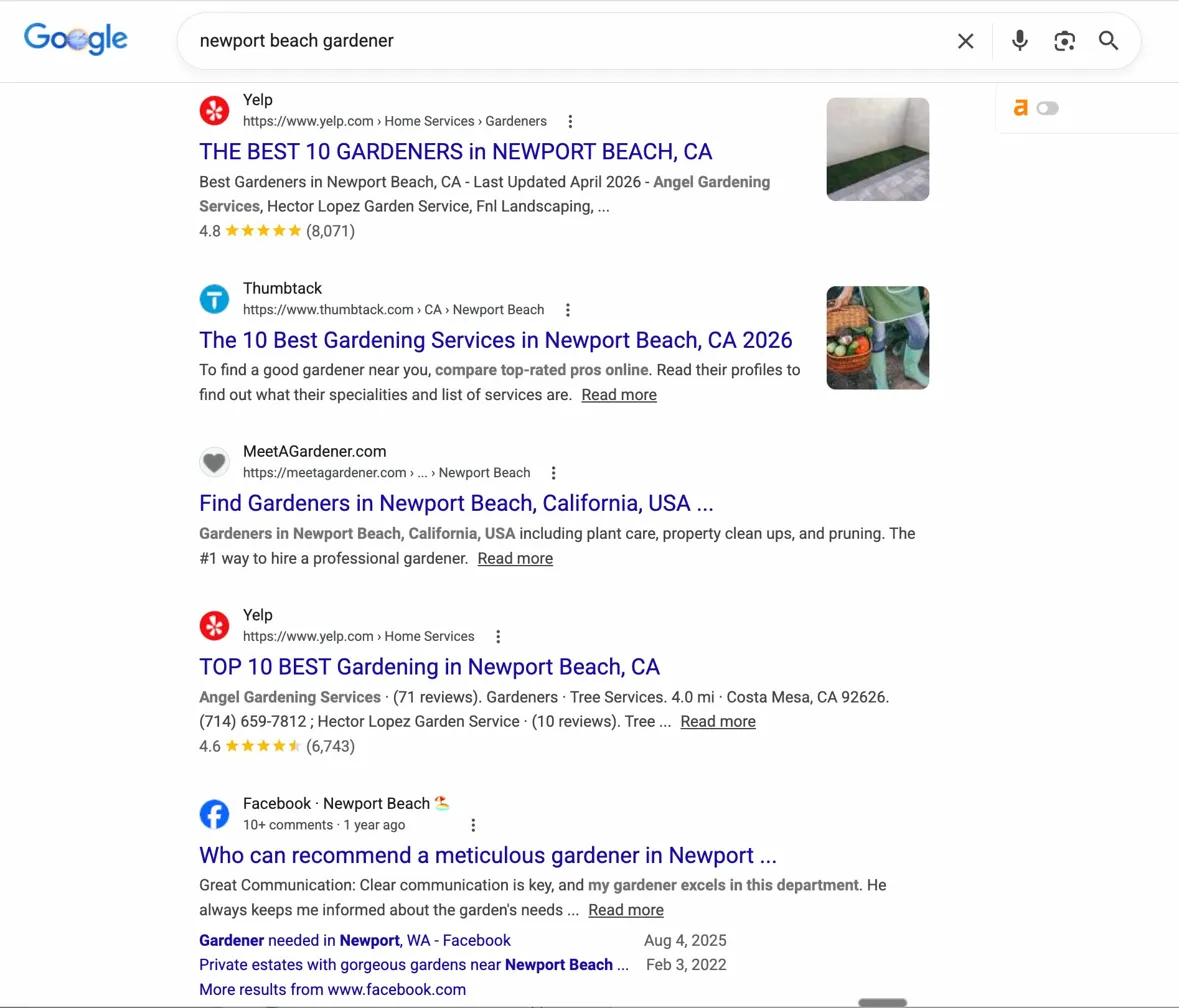 screenshot of Google search results for "newport beach gardener" showing Facebook Group post on page one