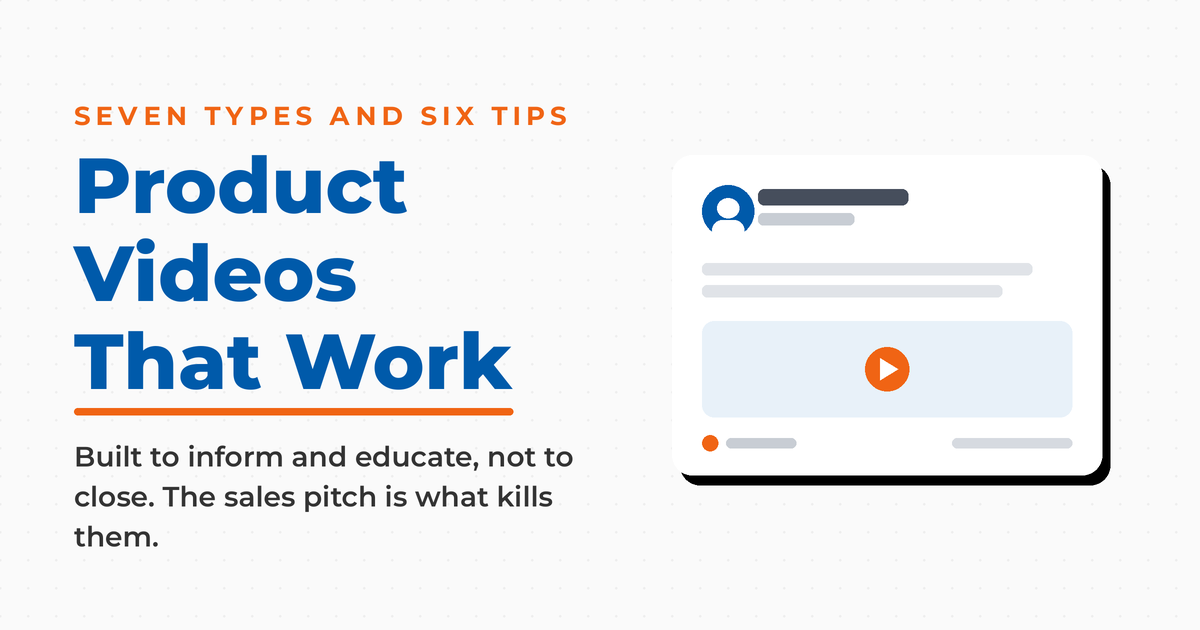 Featured graphic reading "Product Videos That Work," noting they are built to inform and educate rather than to close, beside a stylized social post preview with a play button.