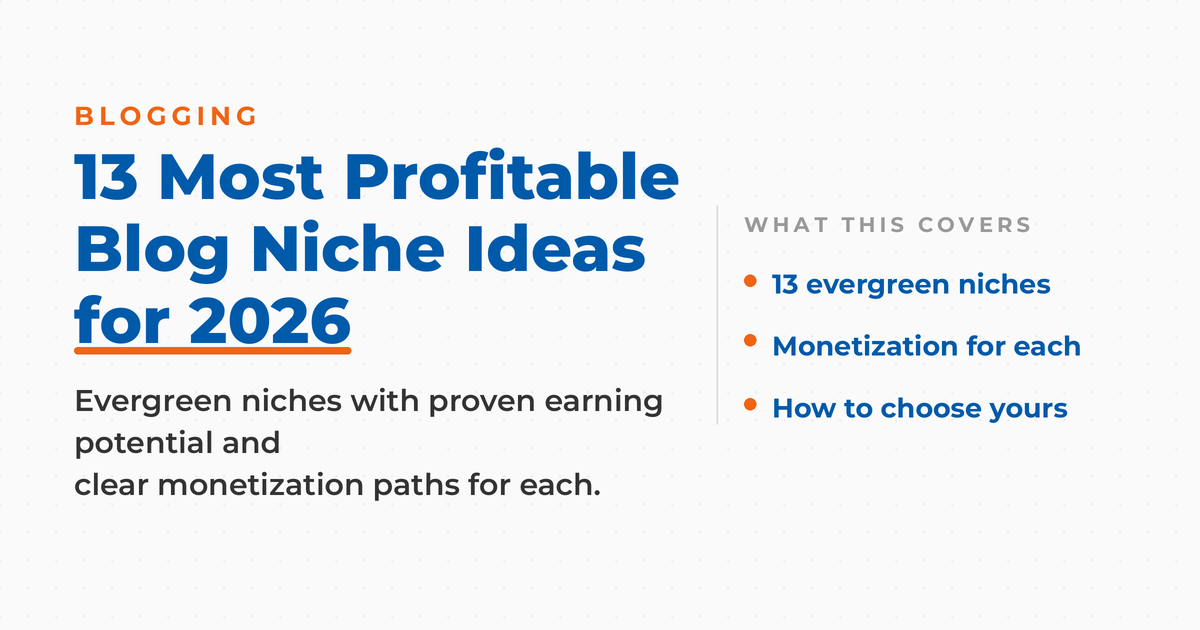 13 most profitable blog niche ideas for 2026 on a Neal Schaffer branded card, showing evergreen niches with monetization paths.