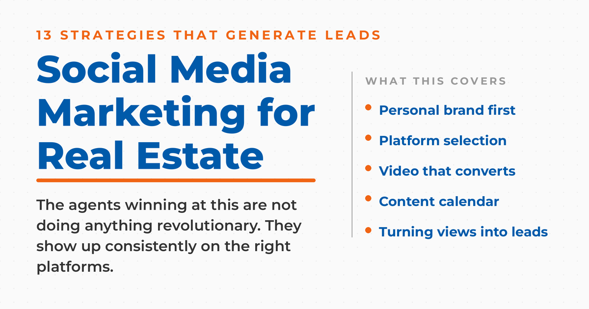 Light featured graphic titled "Social Media Marketing for Real Estate," with a kicker reading "13 strategies that generate leads," subcopy that the agents winning at this are not doing anything revolutionary but show up consistently on the right platforms, and a "what this covers" list of personal brand first, platform selection, video that converts, content calendar, and turning views into leads.