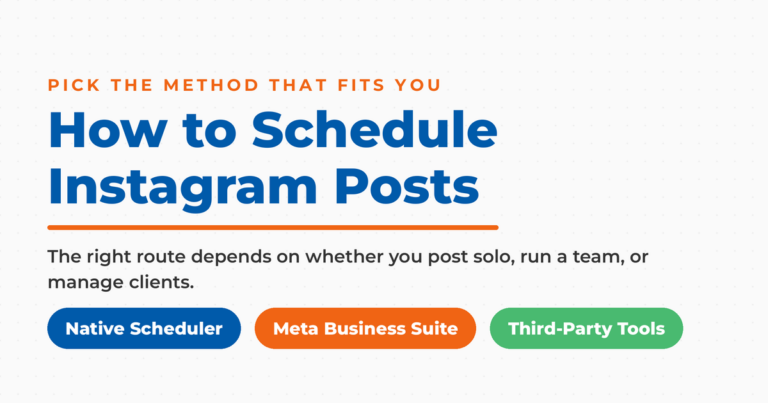 Light featured graphic titled "How to Schedule Instagram Posts," kicker "Pick the method that fits you," with three framework pills: Native Scheduler, Meta Business Suite, and Third-Party Tools.