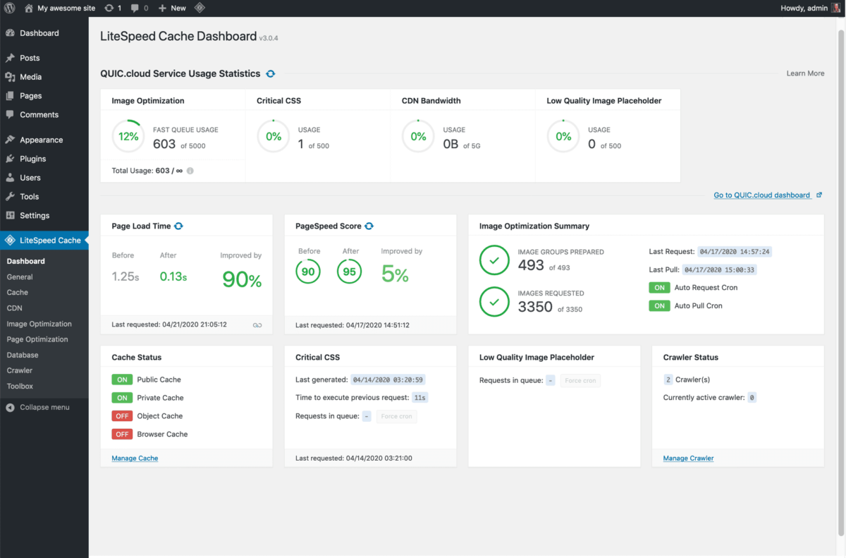 LiteSpeed Cache WordPress dashboard