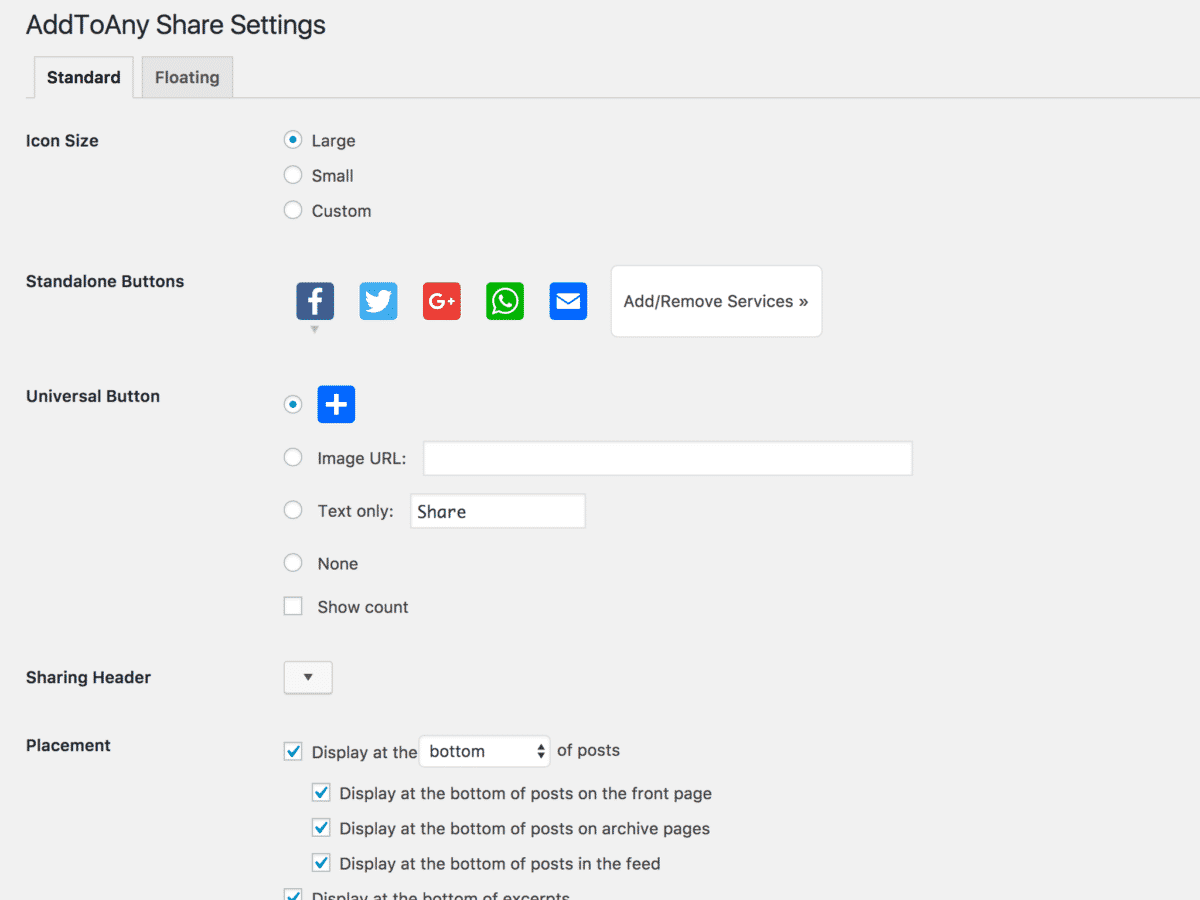 AddtoAny WordPress plugin sharing settings