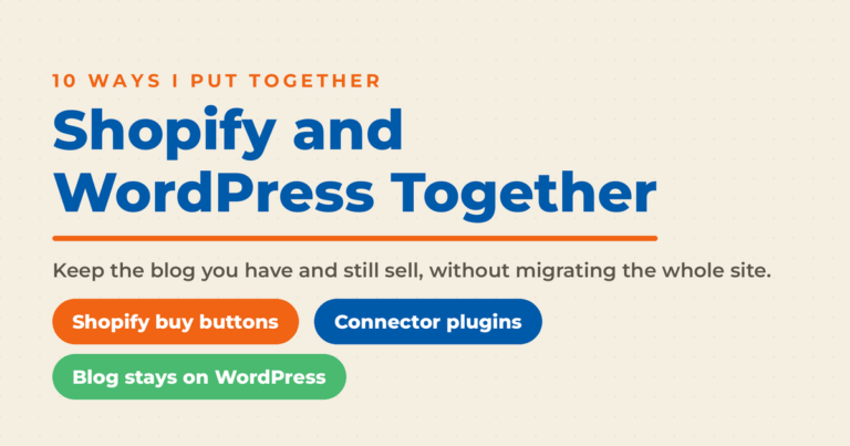 Cream featured graphic reading “Shopify and WordPress Together,” with pills for Shopify buy buttons, connector plugins, and keeping the blog on WordPress.
