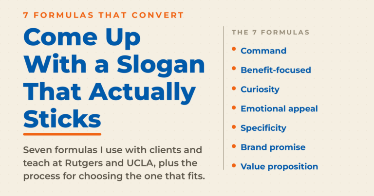 Cream featured graphic titled "Come Up With a Slogan That Actually Sticks," listing the seven slogan formulas: command, benefit-focused, curiosity, emotional appeal, specificity, brand promise, and value proposition.